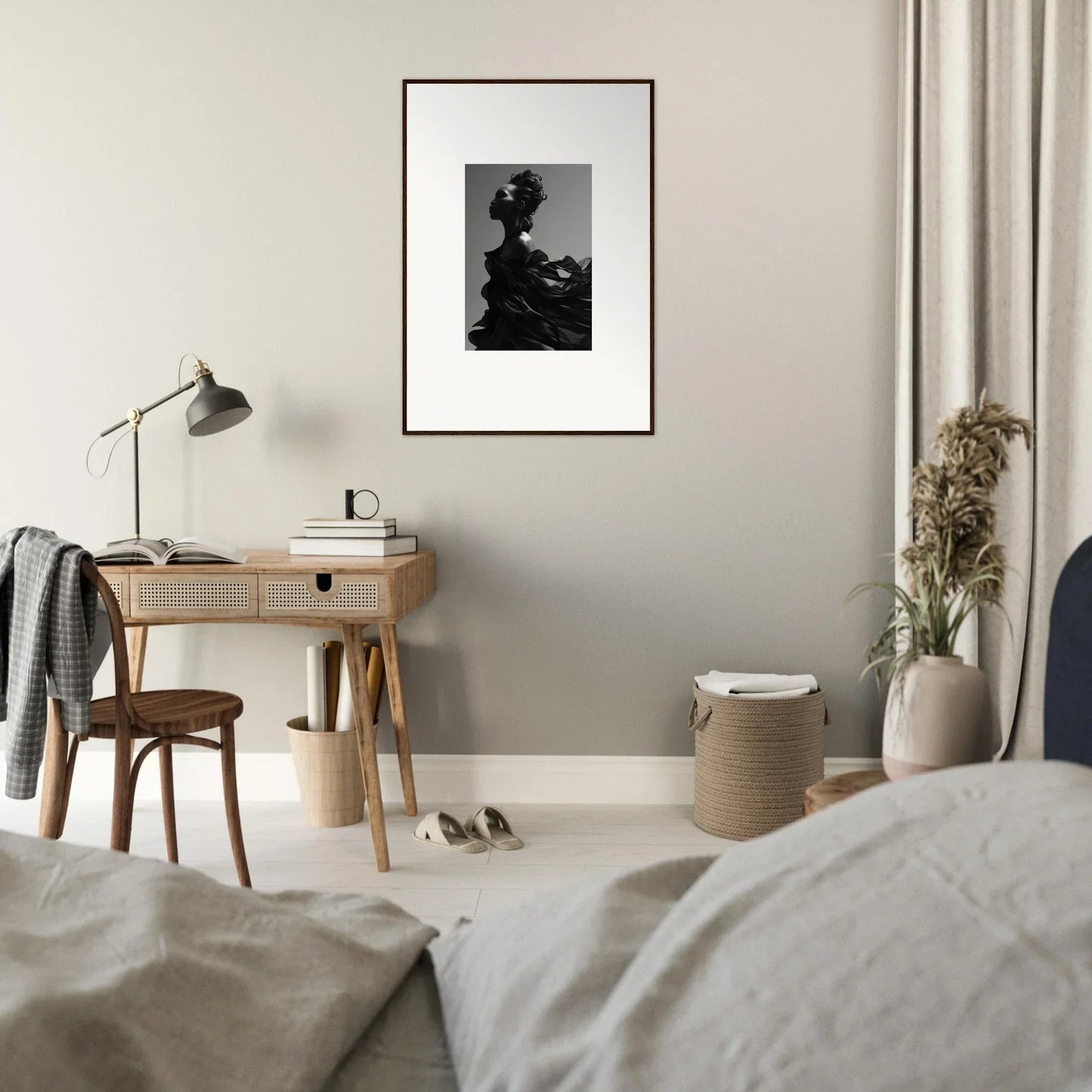 Framed black and white photograph of a silhouetted figure for peaceful room decor