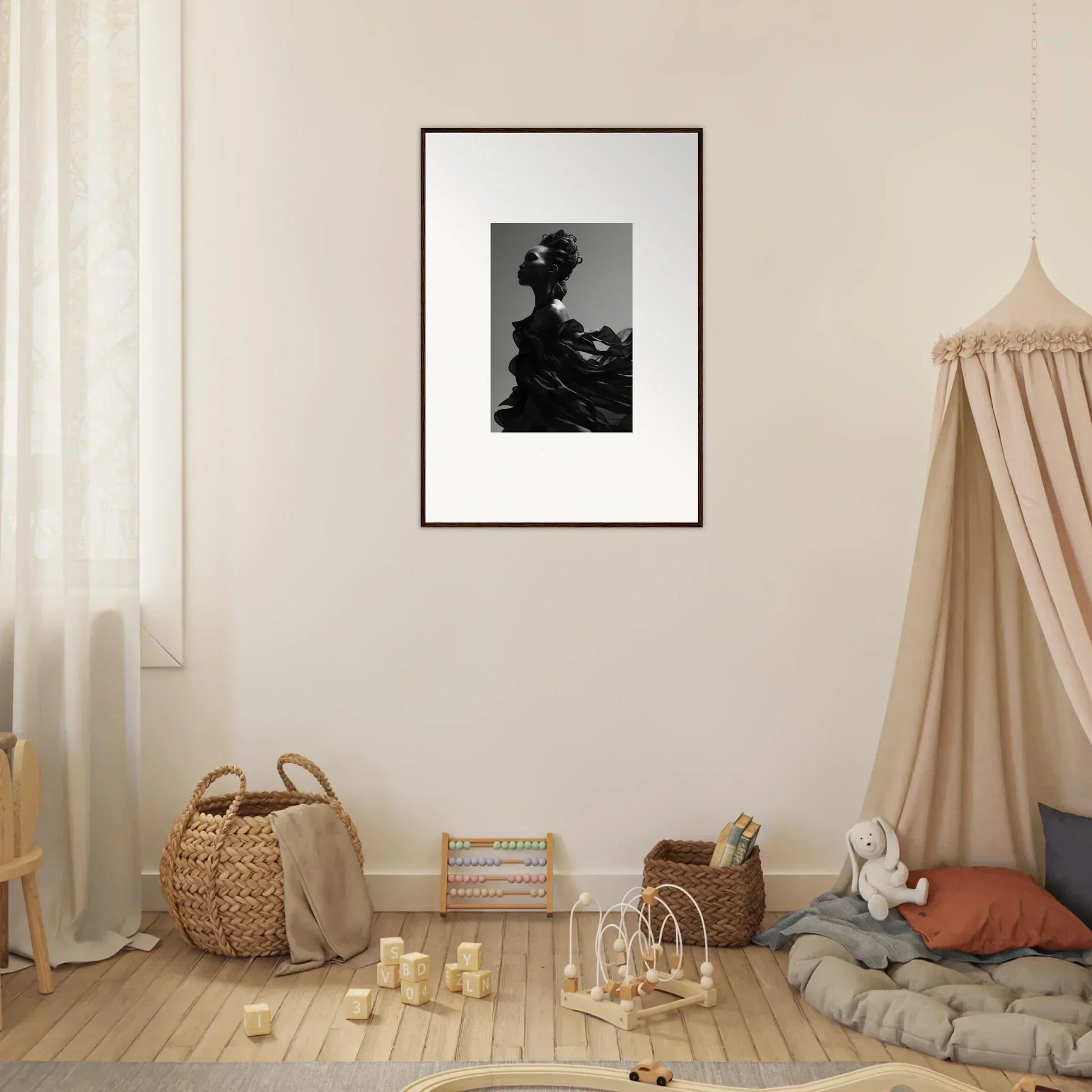 Framed black and white photograph of a silhouetted figure for tranquil eternity room decor