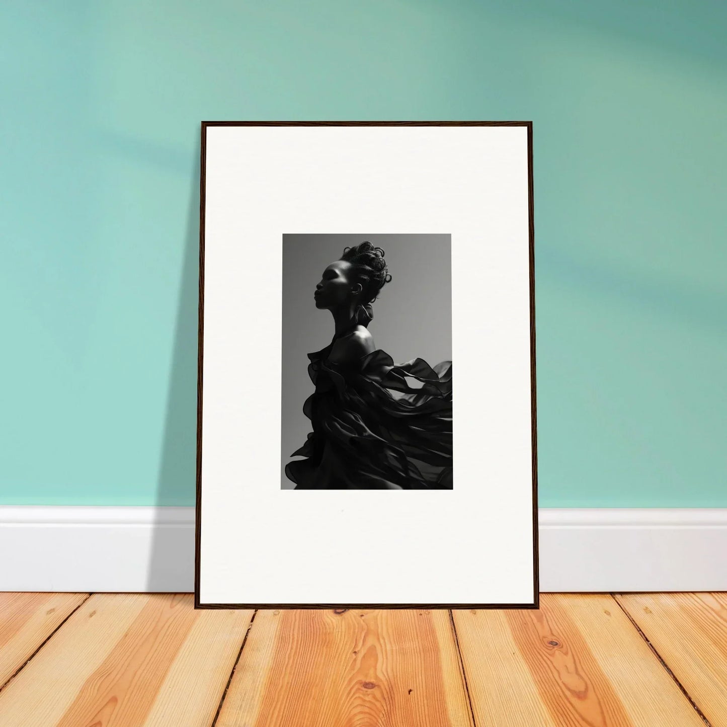 Framed wall art of a silhouetted figure in black and white for tranquil eternity room decor