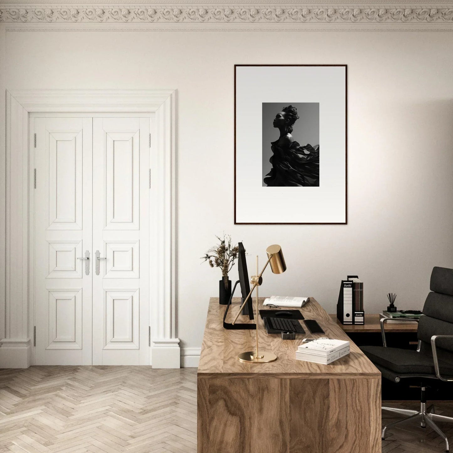 Wooden desk with typewriter, books, and office supplies for tranquil eternity room decor