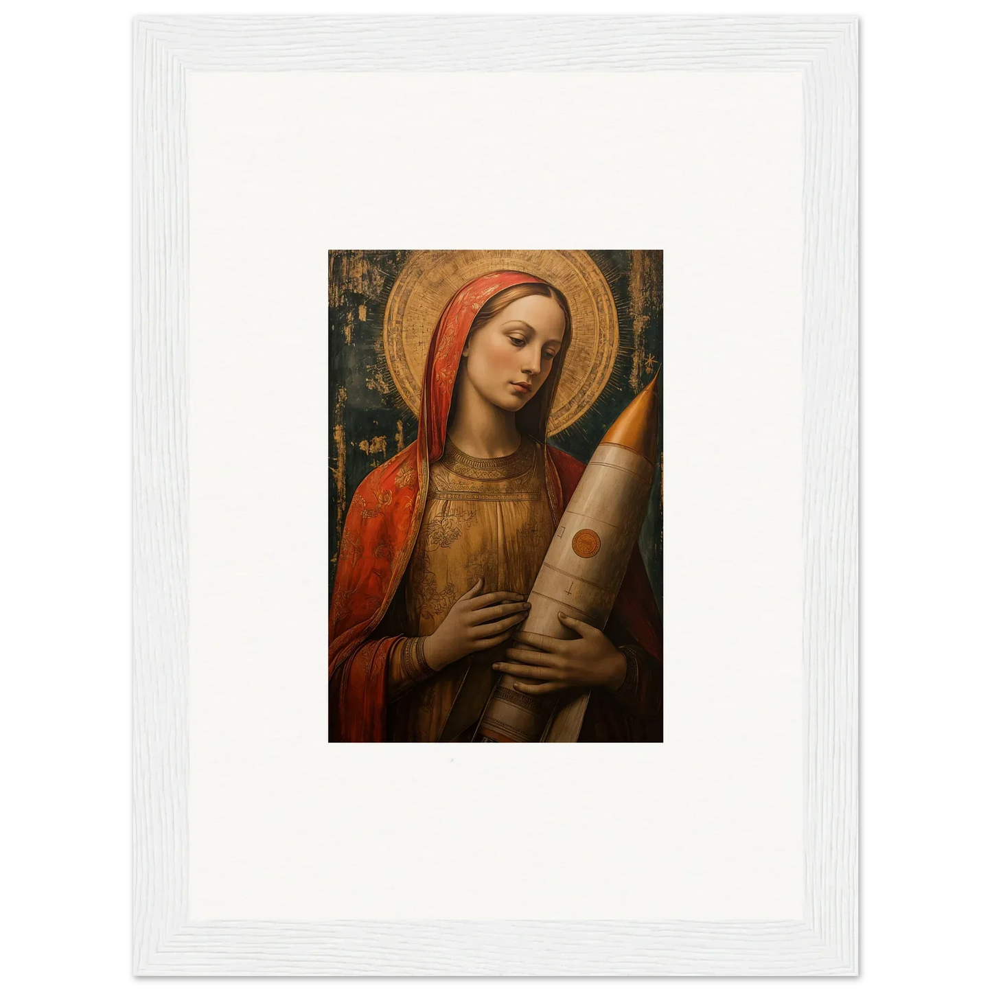 Religious painting of a woman in a red veil, perfect for celestial cargo room decoration