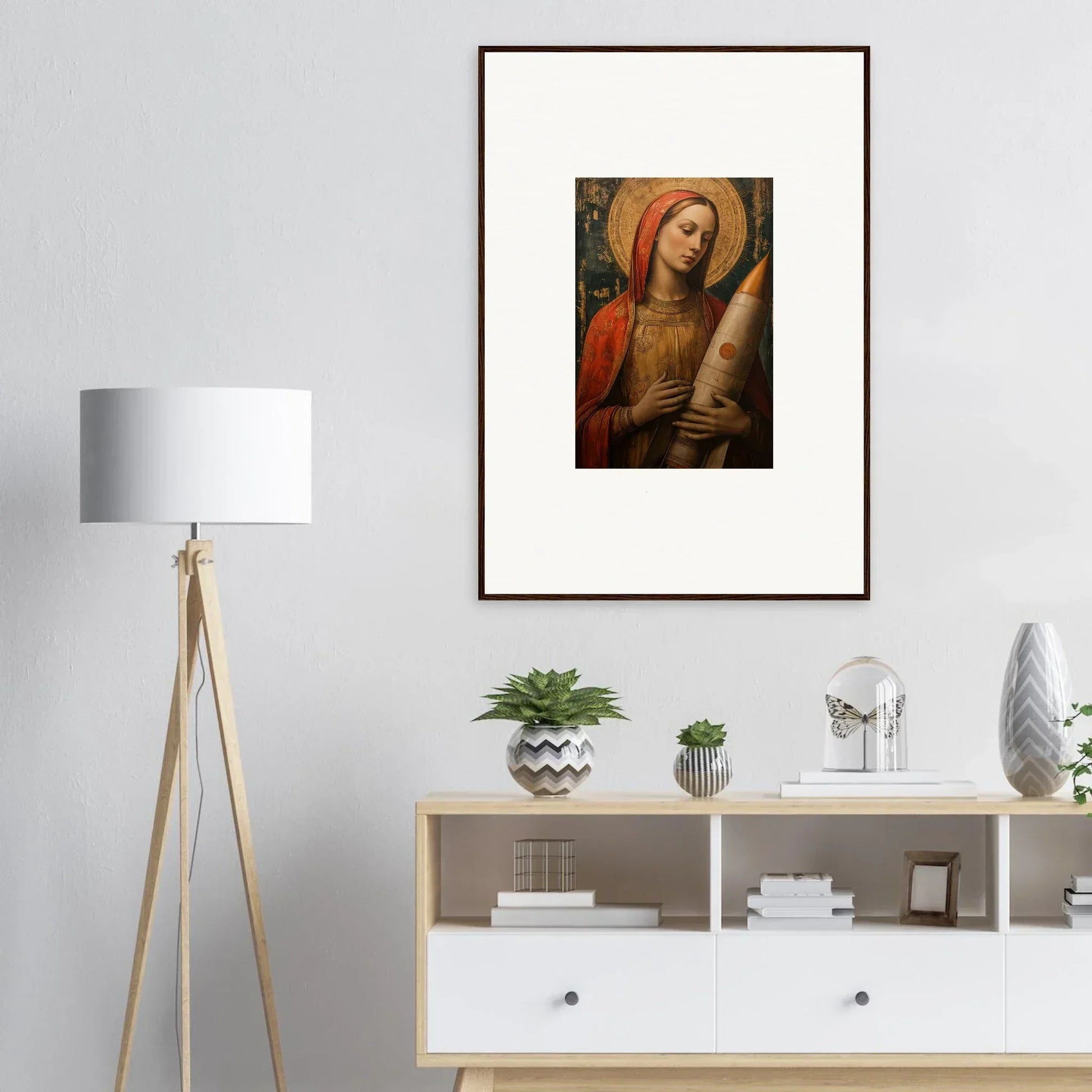 Framed Renaissance painting of figure in red, perfect for celestial cargo room decoration