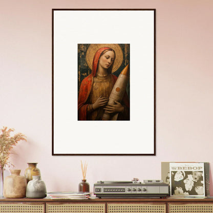 Framed religious painting of a woman in red and gold, perfect for celestial cargo room decoration