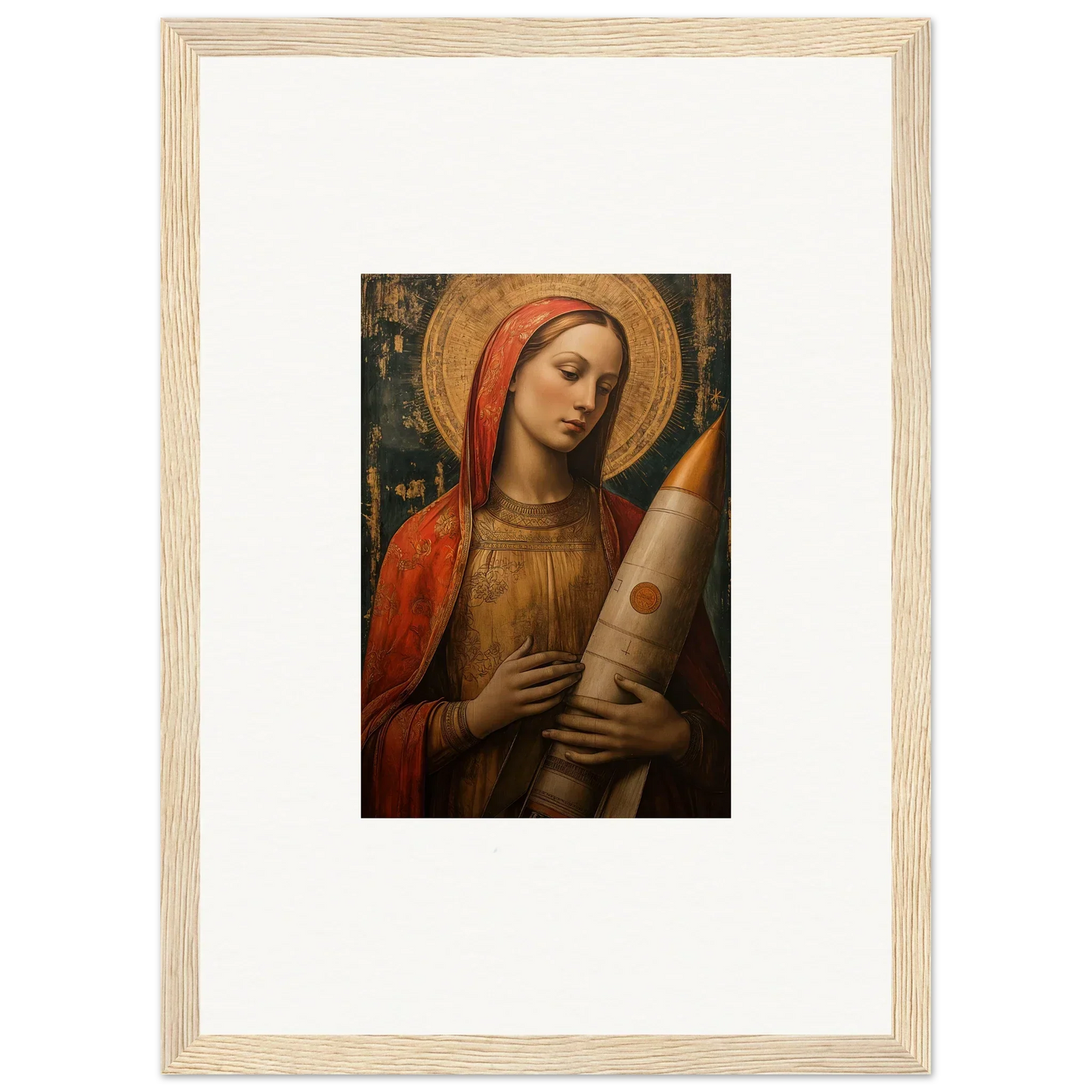 Framed religious painting of a woman in red and gold, perfect for heavenly room decoration