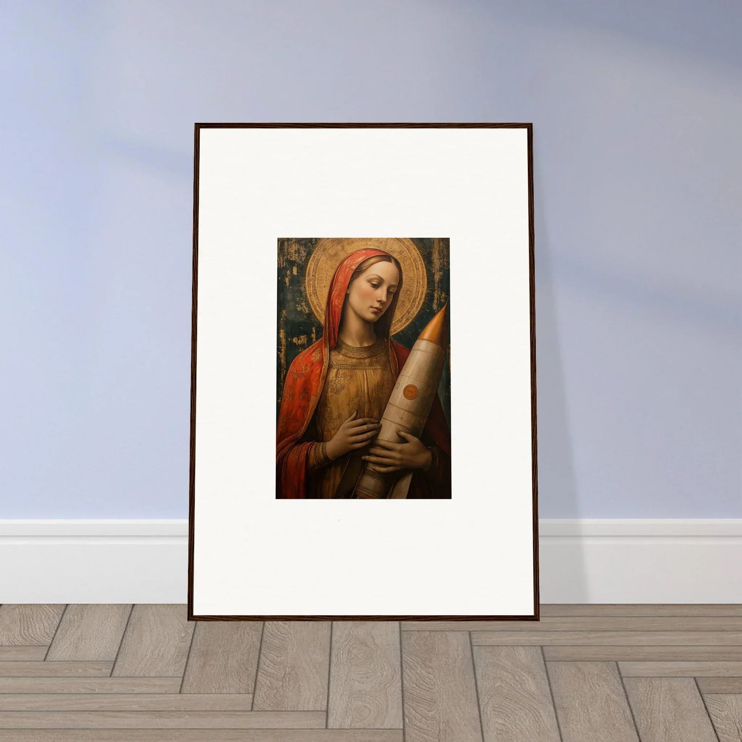 Framed painting of a religious figure with halo, perfect for celestial cargo room decoration