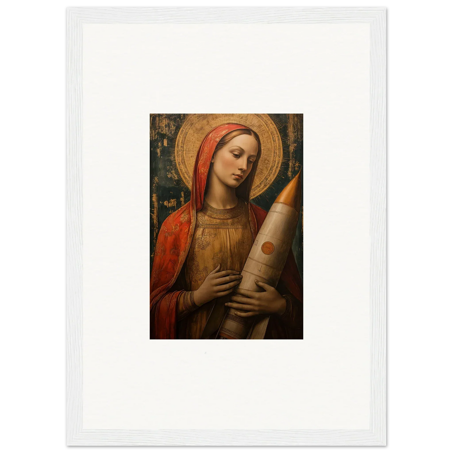 Religious painting of a woman in red and gold, perfect for celestial cargo room decoration