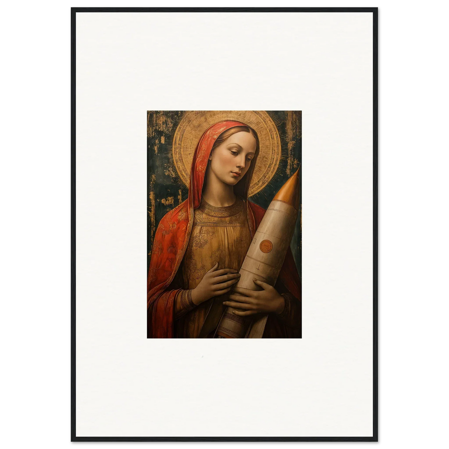 Religious painting of a woman in red and gold, perfect for celestial cargo room decoration