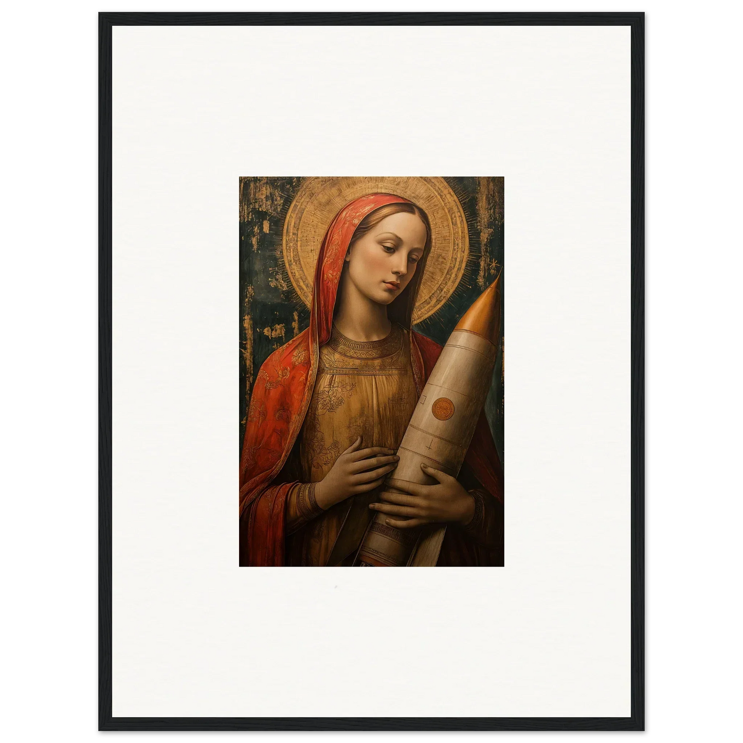 Framed canvas print of woman in red robes holding candle, perfect celestial cargo room decoration