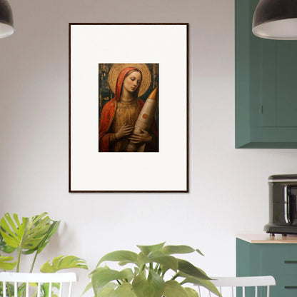 Framed religious painting of a haloed figure in red, perfect for celestial cargo room decoration