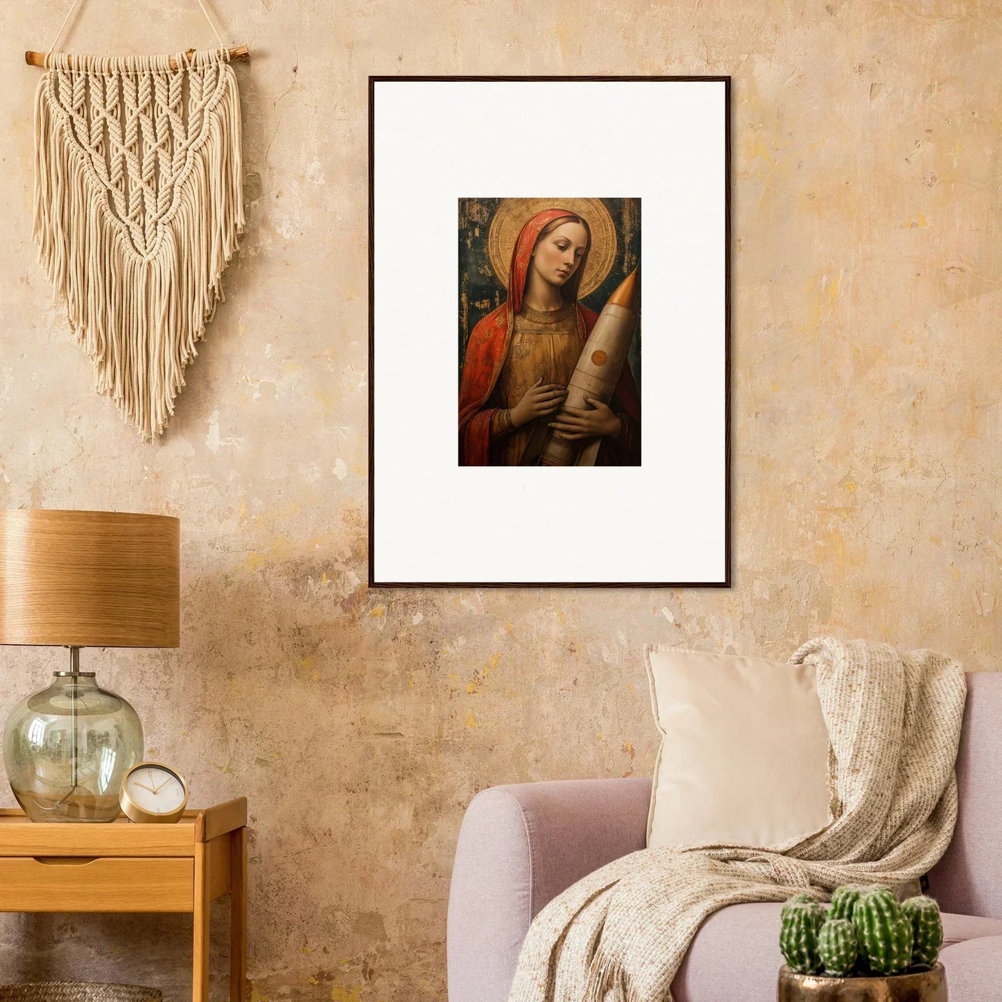 Framed canvas print of a haloed figure holding a scroll for celestial cargo room decoration