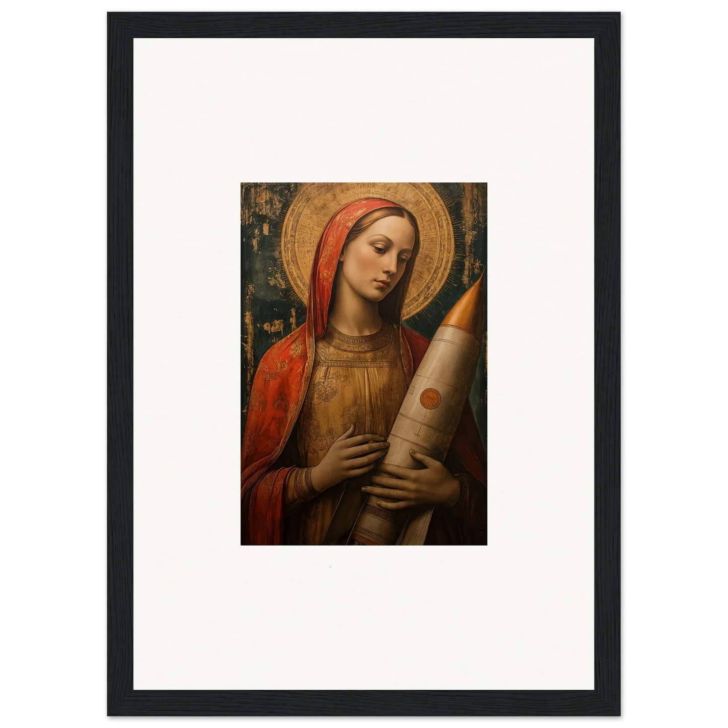 Religious painting of a woman in a red veil, perfect for celestial cargo room decoration