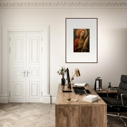 Home office with a wooden desk, chair, and celestial cargo canvas print for room decoration