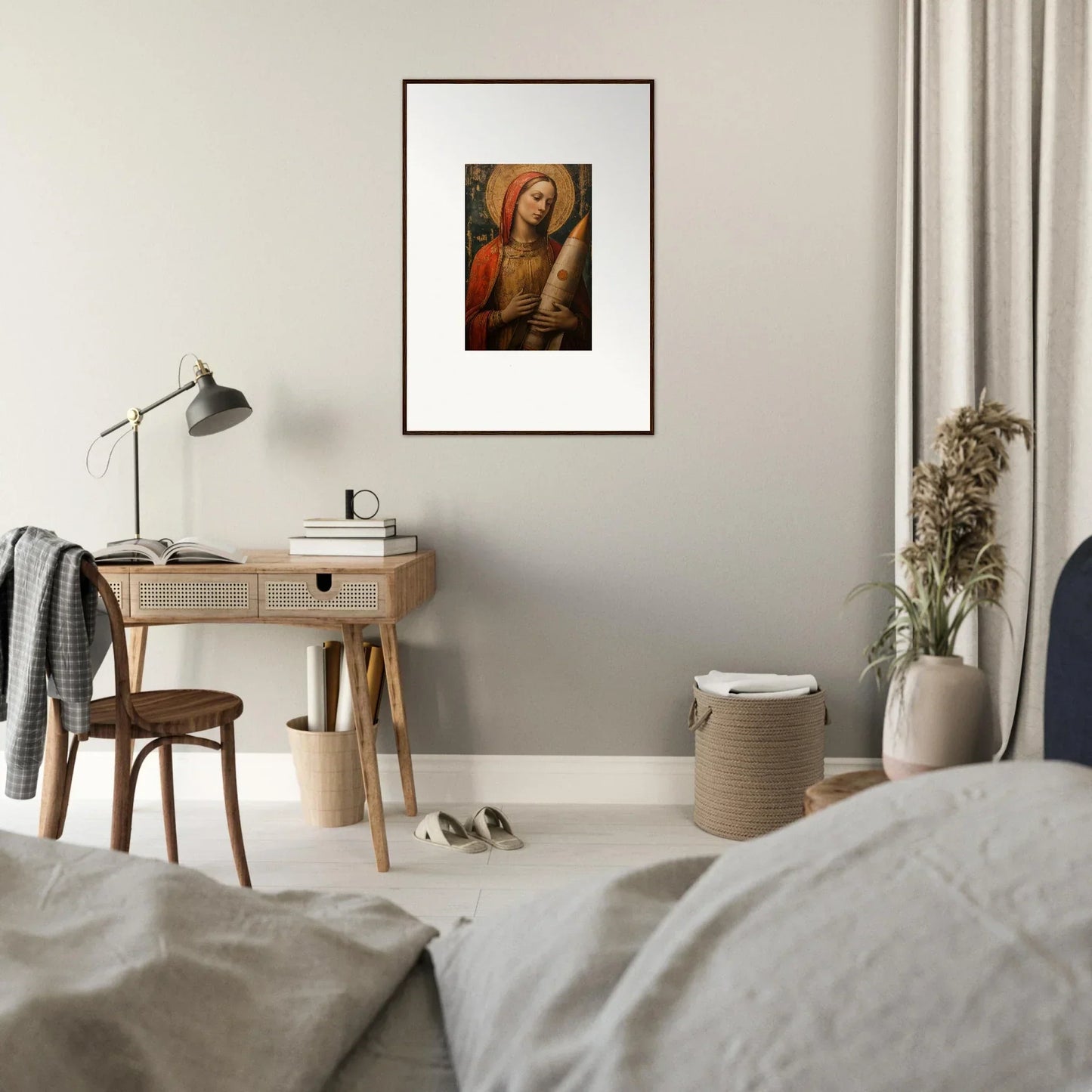 Framed canvas print of a saint with a halo, perfect for celestial cargo room decoration