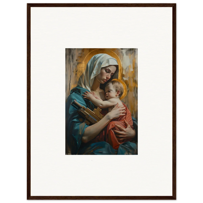 Framed canvas print of a woman in blue veil holding a baby for room decoration