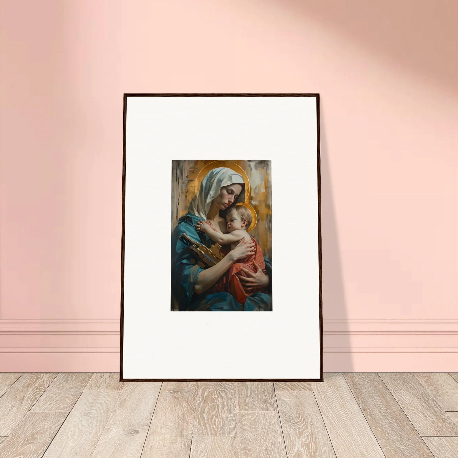 Framed canvas print of Metropolis Embrace, showing a woman tenderly holding a baby