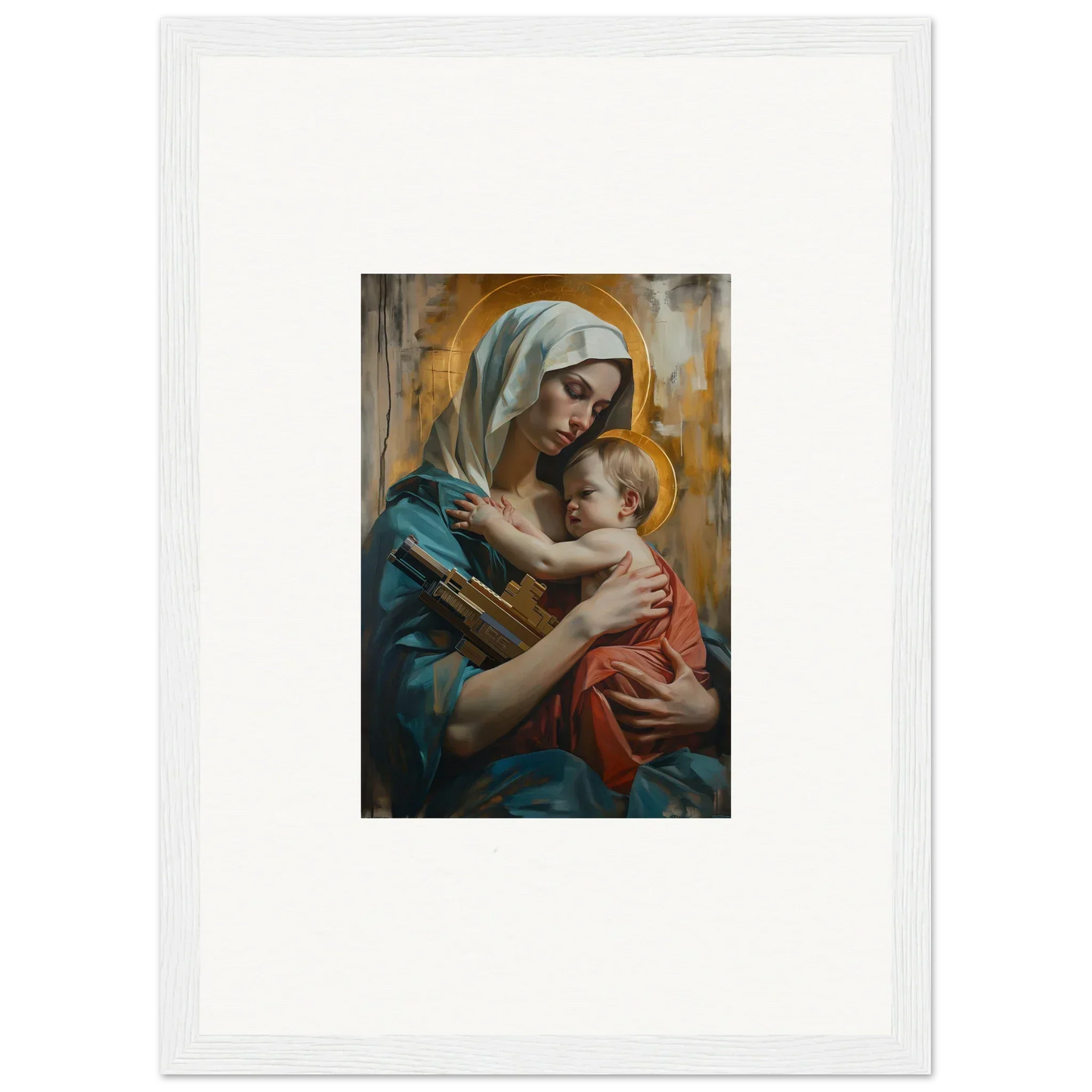 Framed canvas print of Metropolis Embrace featuring a woman in blue with a baby