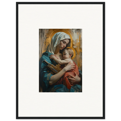 Framed canvas print of a woman in blue robe and baby, perfect for Metropolis Embrace room decoration