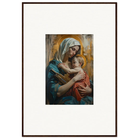 Framed canvas print of Metropolis Embrace featuring a woman in blue with a baby