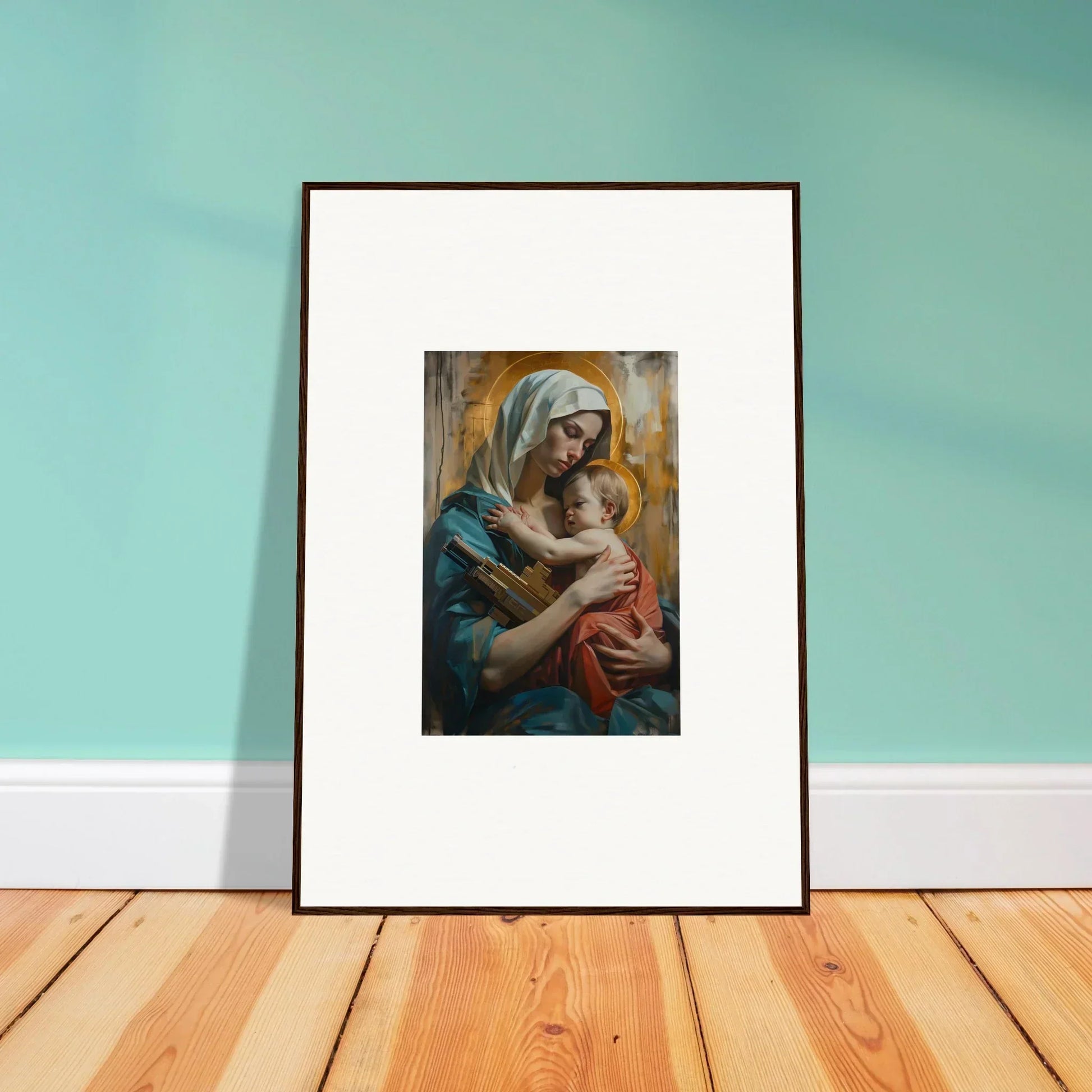 Framed Metropolis Embrace canvas print of a woman in a blue robe with a child, perfect room decoration