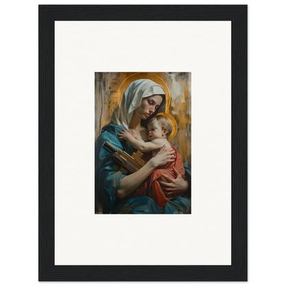 Framed canvas print of a woman in blue robes with a baby for Metropolis Embrace decor