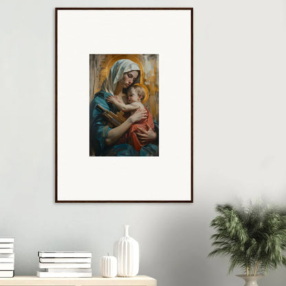 Framed canvas print of Metropolis Embrace, featuring a woman in blue with a child