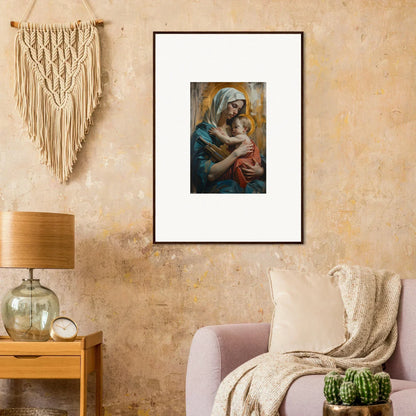 Framed canvas print of Metropolis Embrace featuring a woman with a child for room decoration