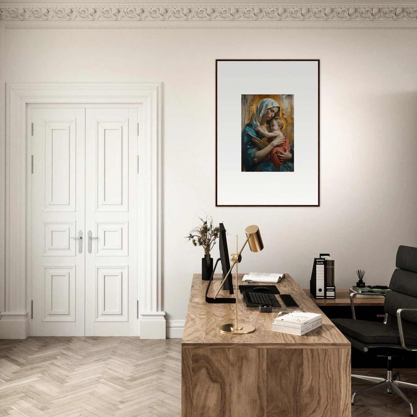 Elegant home office with Metropolis Embrace canvas print and stylish decor