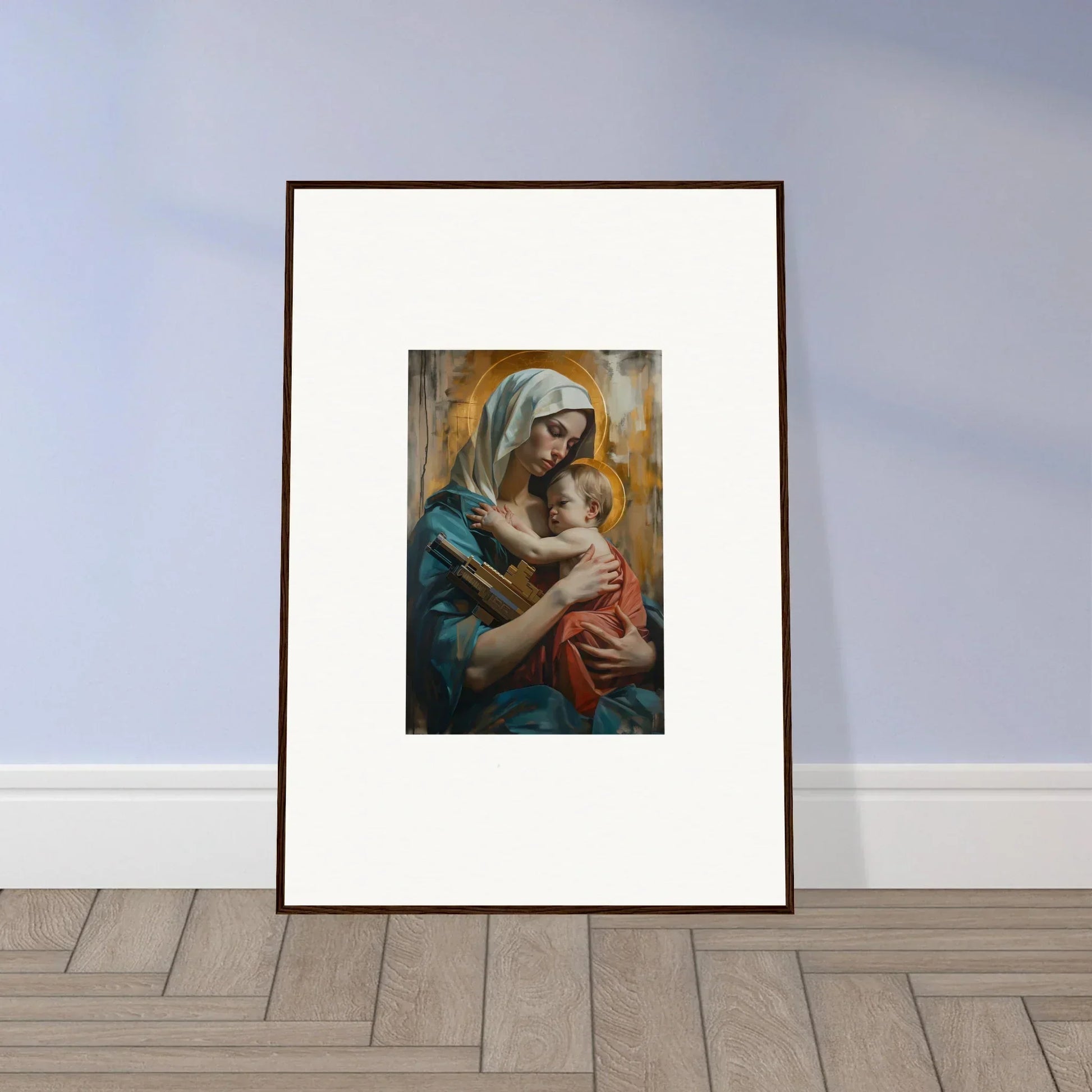 Framed canvas print of Metropolis Embrace showing a woman with a child for room decoration