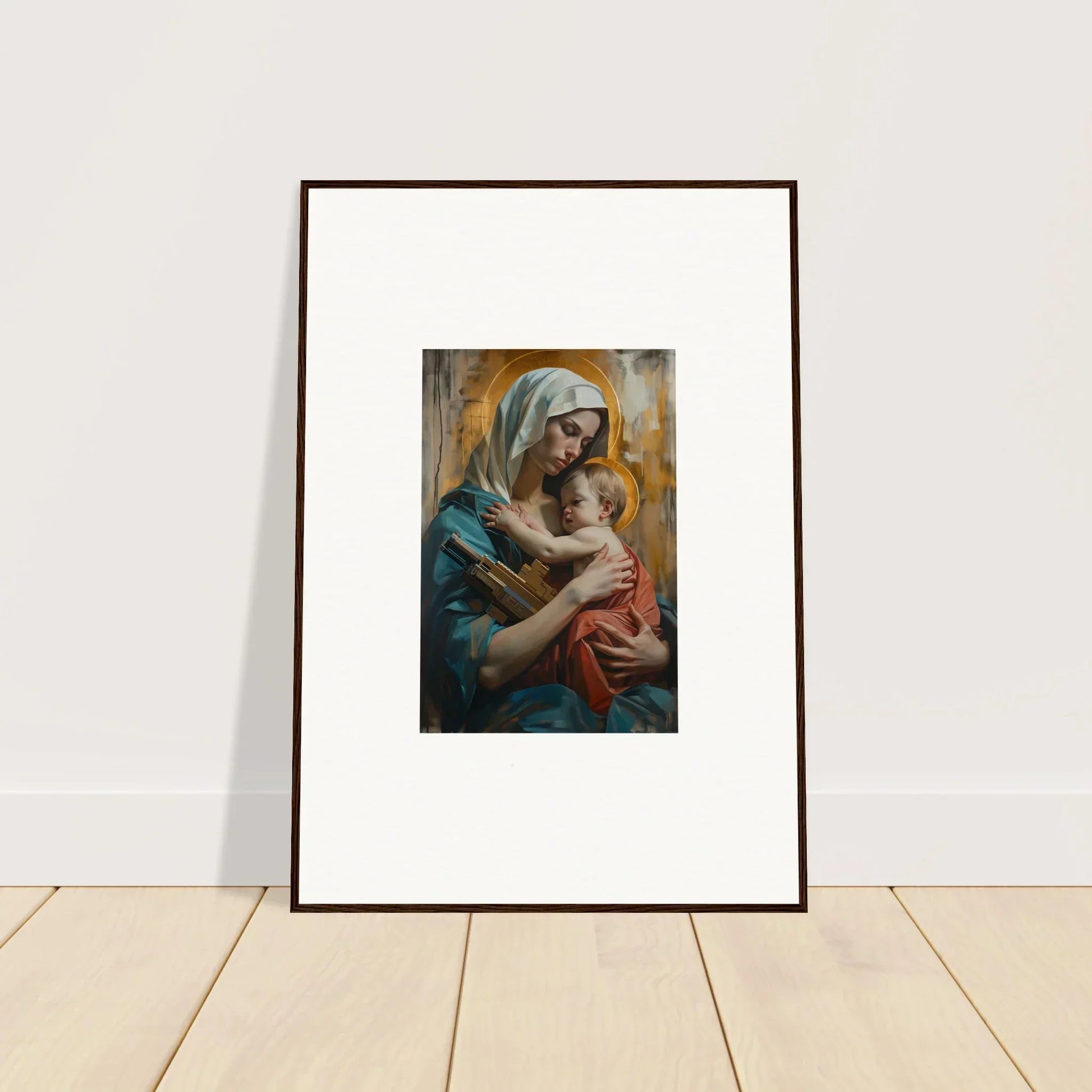 Framed canvas print of a woman in a blue veil embracing a child for room decoration