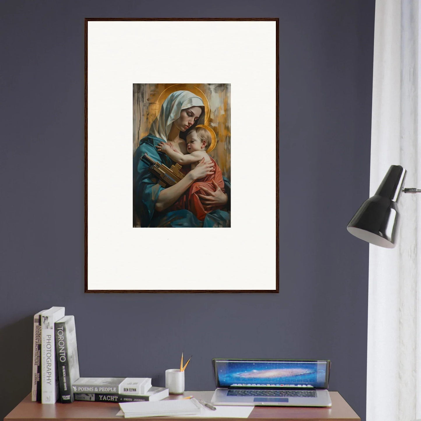 Framed canvas print of a woman in a blue headscarf for cozy room decoration