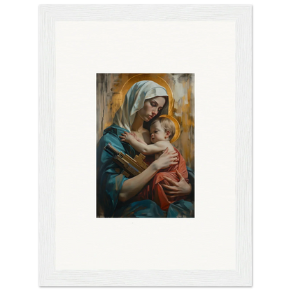 Painting of a woman in blue robes holding a baby with halos, perfect for metropolis embrace room decoration