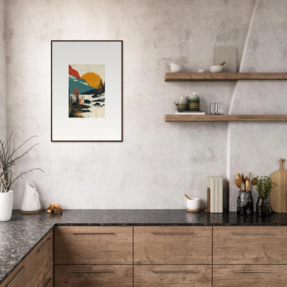 Modern kitchen with wooden cabinets and trembling skylines canvas print for stylish room decoration