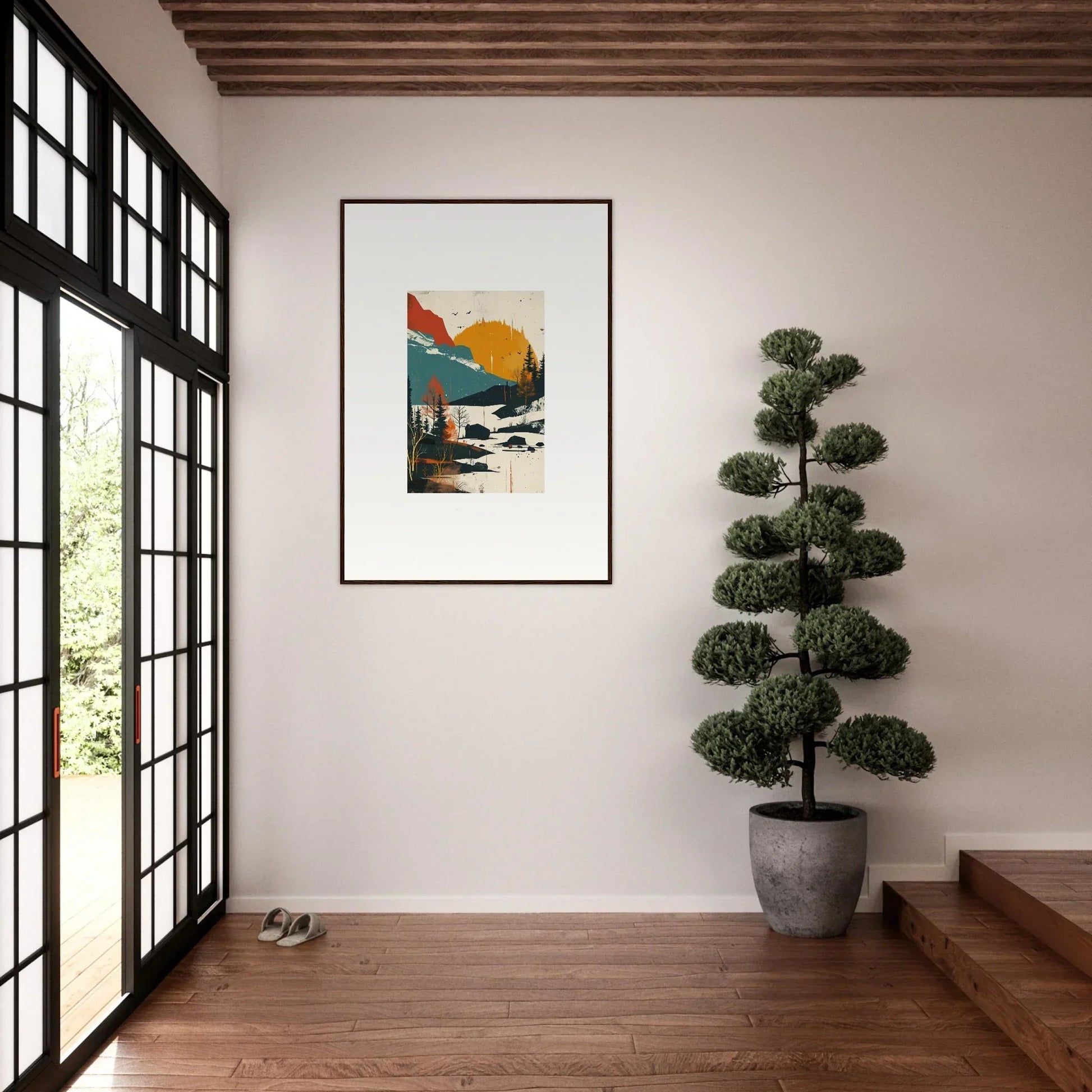 Framed abstract landscape canvas print of Trembling Skylines in warm colors for room decoration