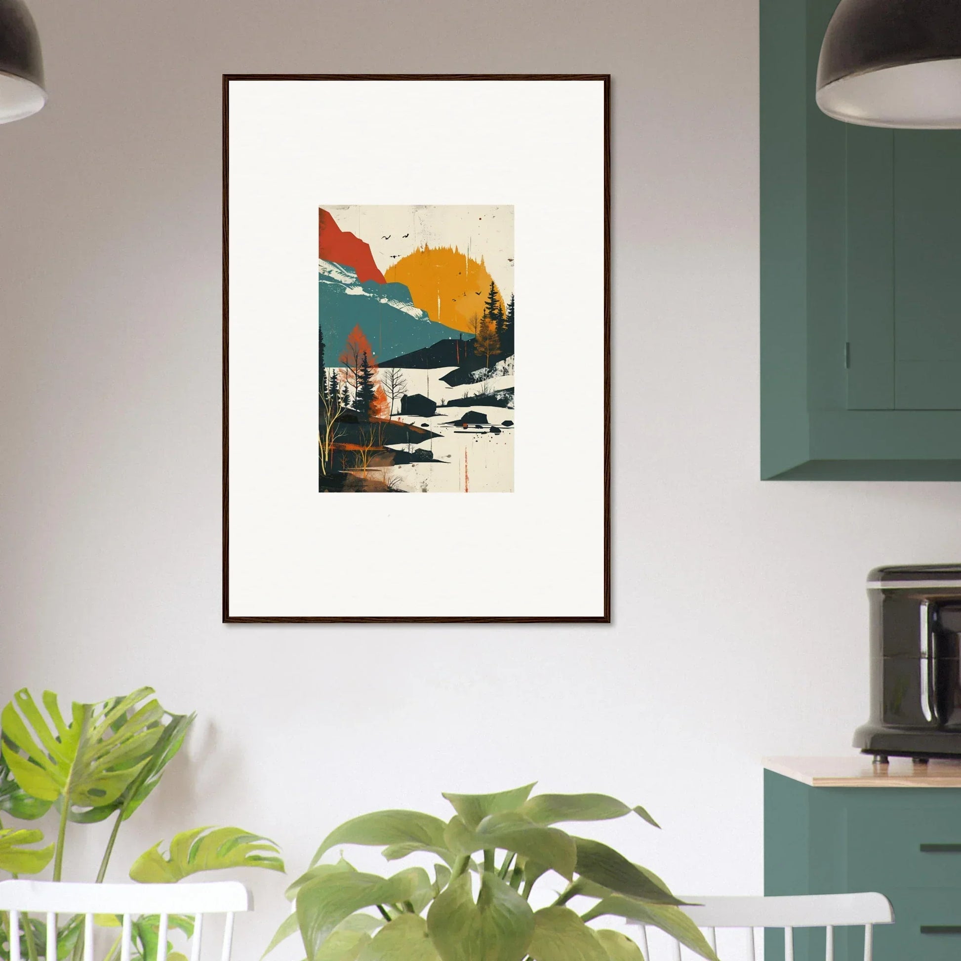 Framed canvas print of Handshake Trembling Skylines with mountains, water, and sunset