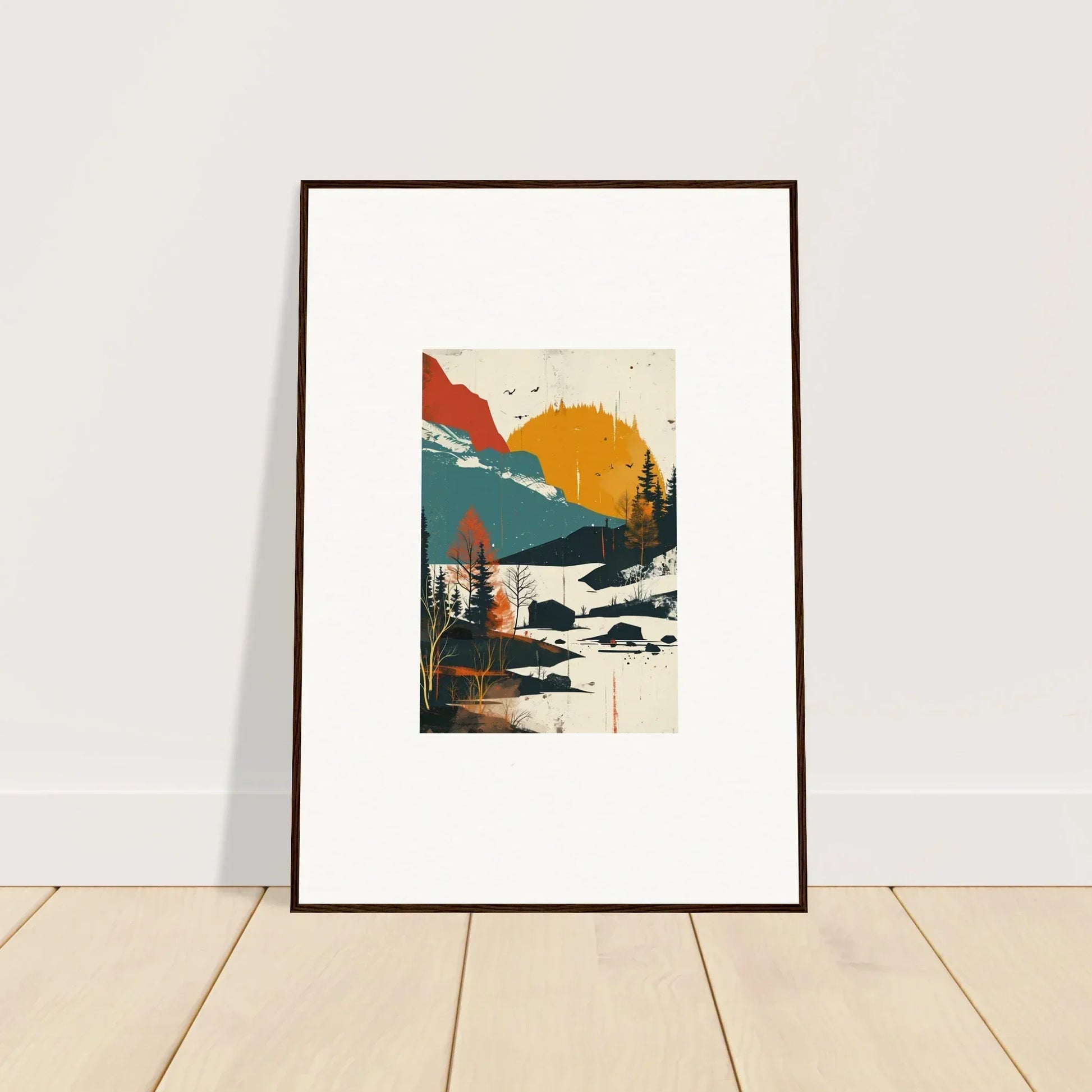 Framed canvas print of a stylized sunset over trembling skylines and mountains for room decoration