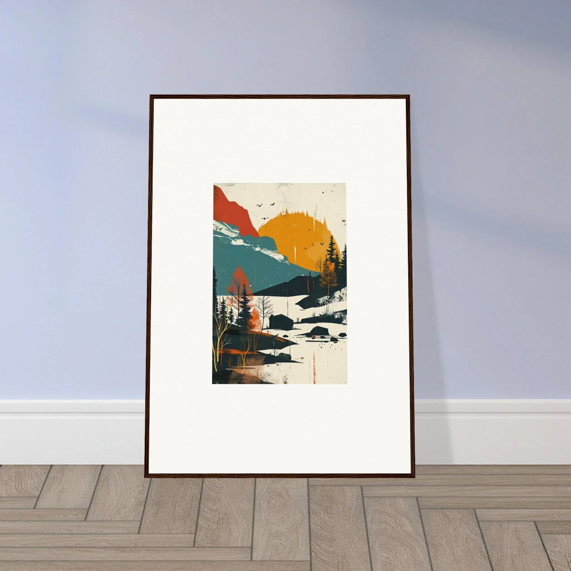 Framed canvas print of a sunset mountain landscape for stunning room decoration