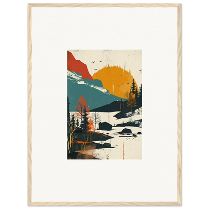 Framed canvas print of Trembling Skylines with mountains, river, trees, and sunset