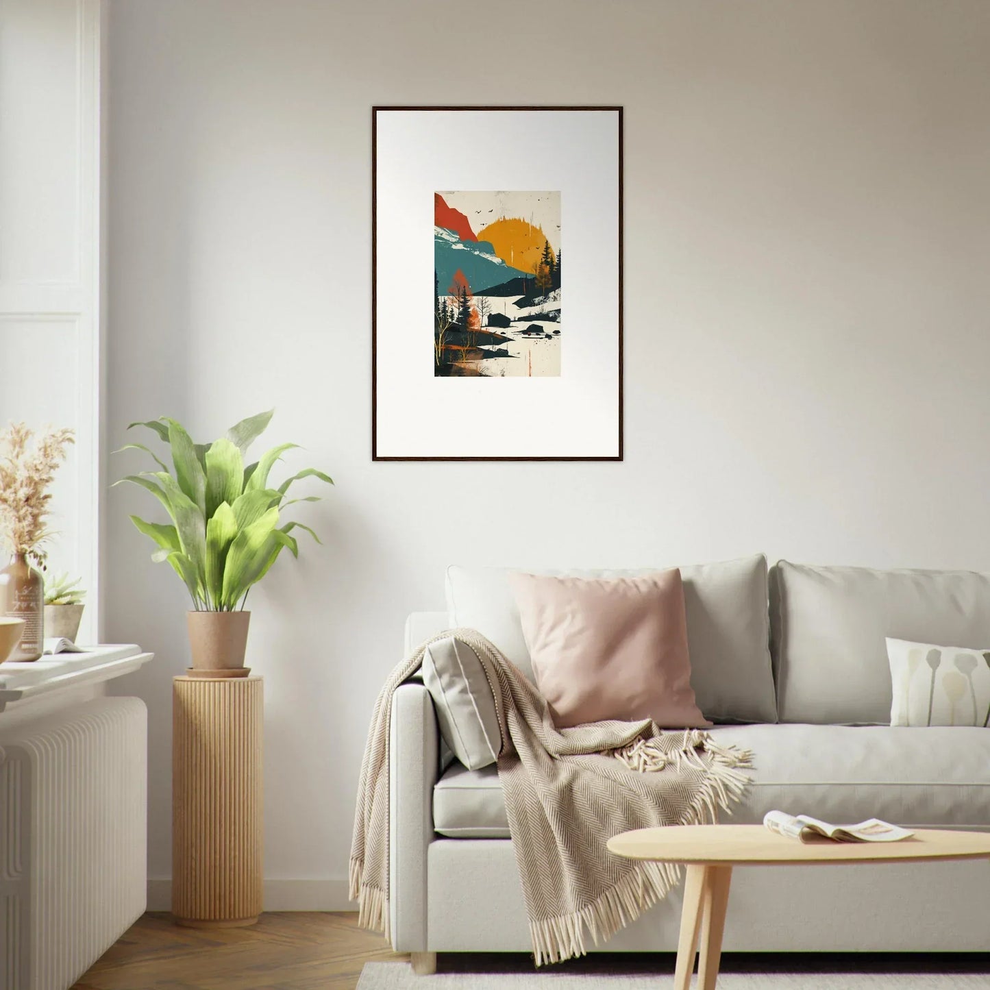 Framed abstract landscape artwork with geometric shapes and sunset for room decoration