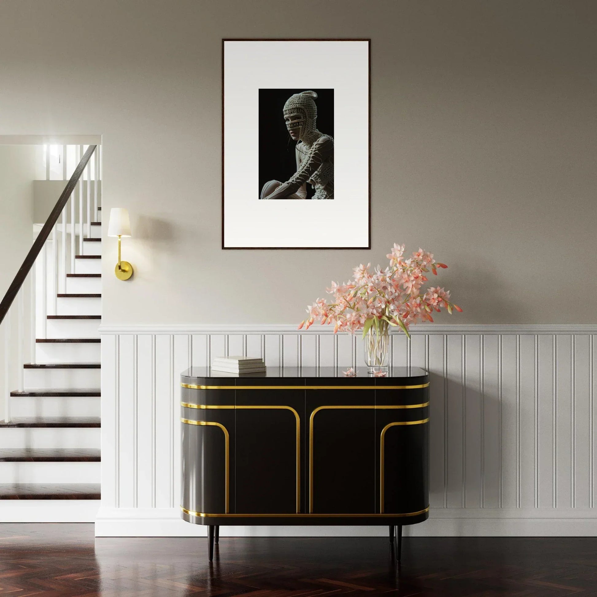 Elegant black sideboard with gold trim and curved edges.