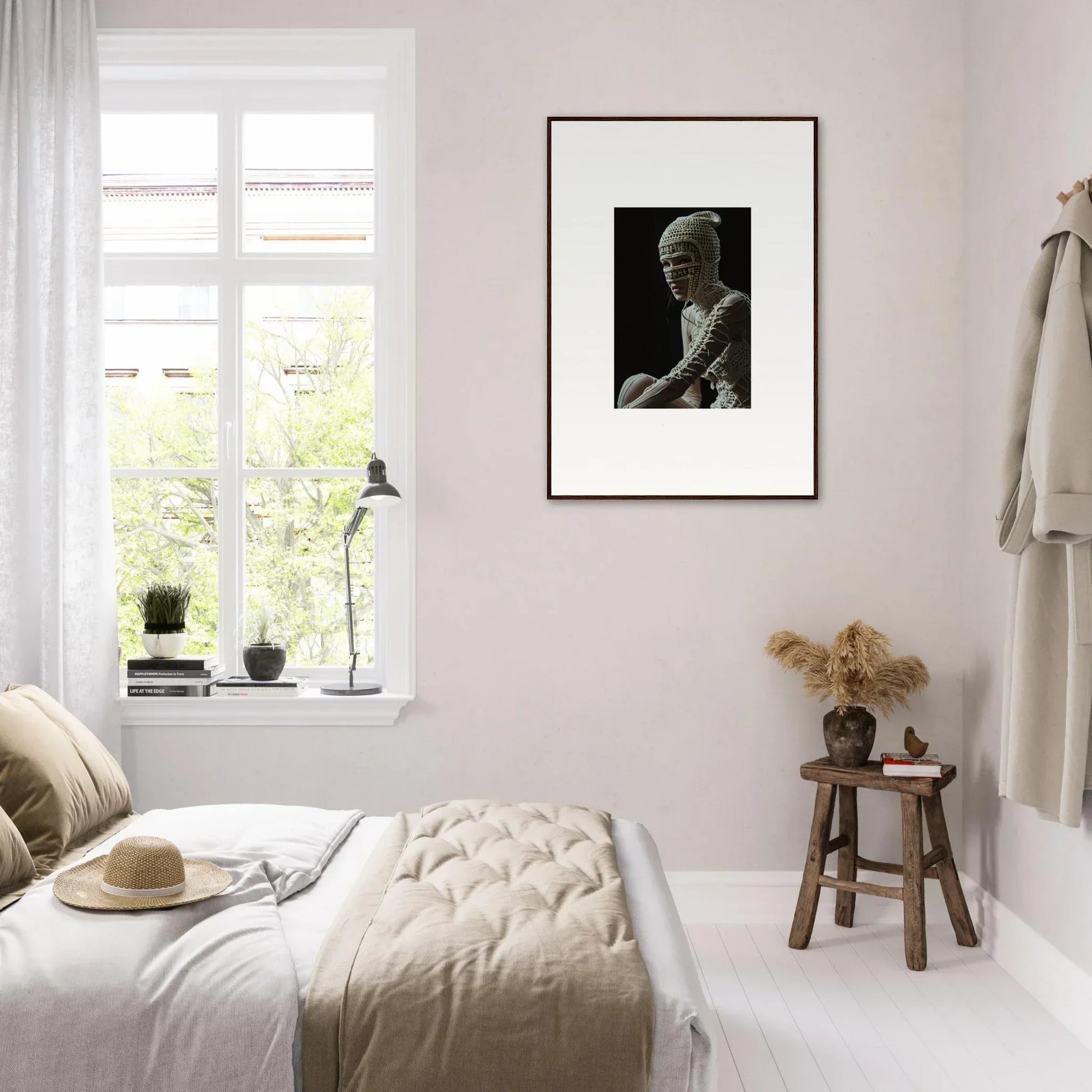 Bright, minimalist bedroom with white decor and a framed black and white portrait on the wall.