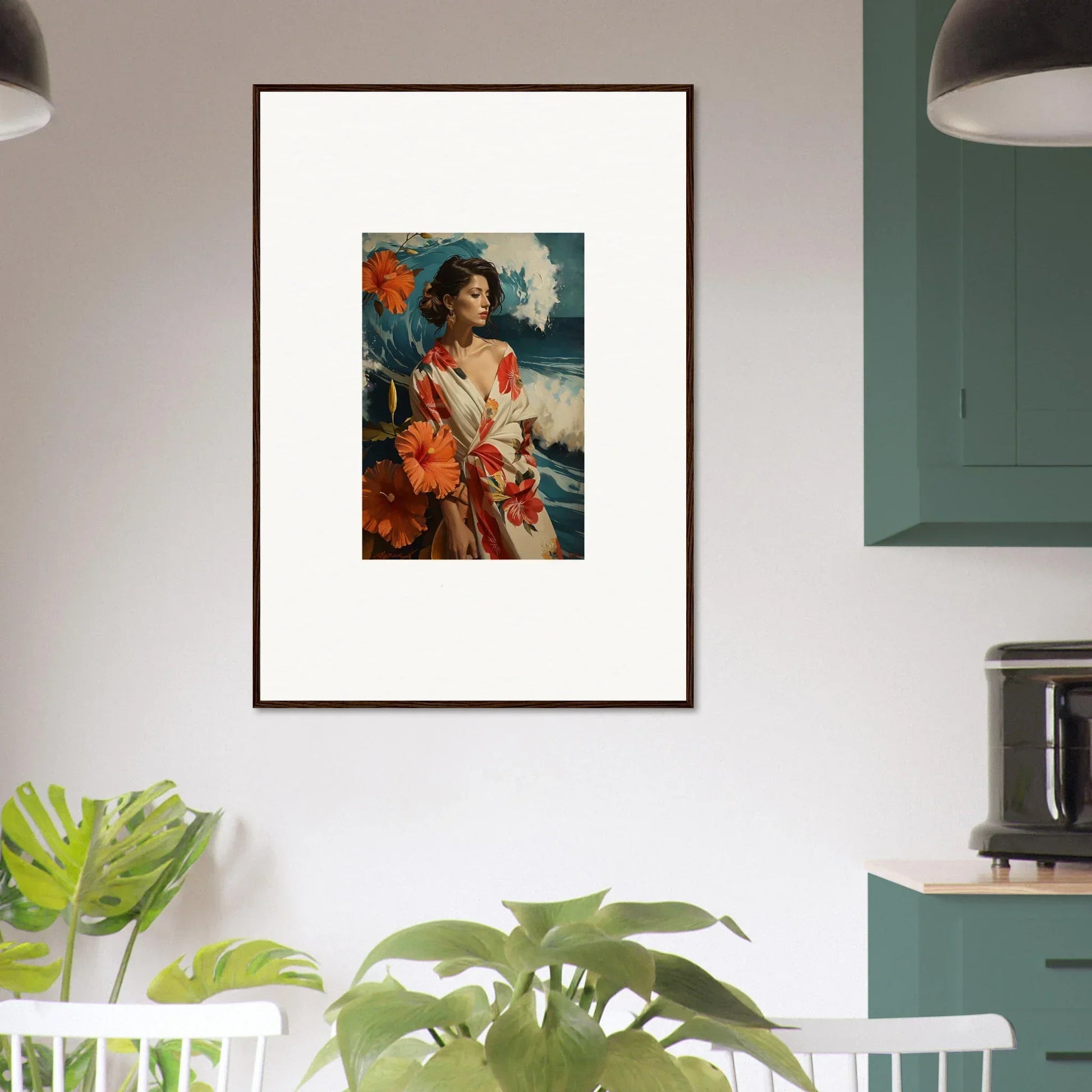 Framed canvas print of a woman in a red dress for vibrant room decoration