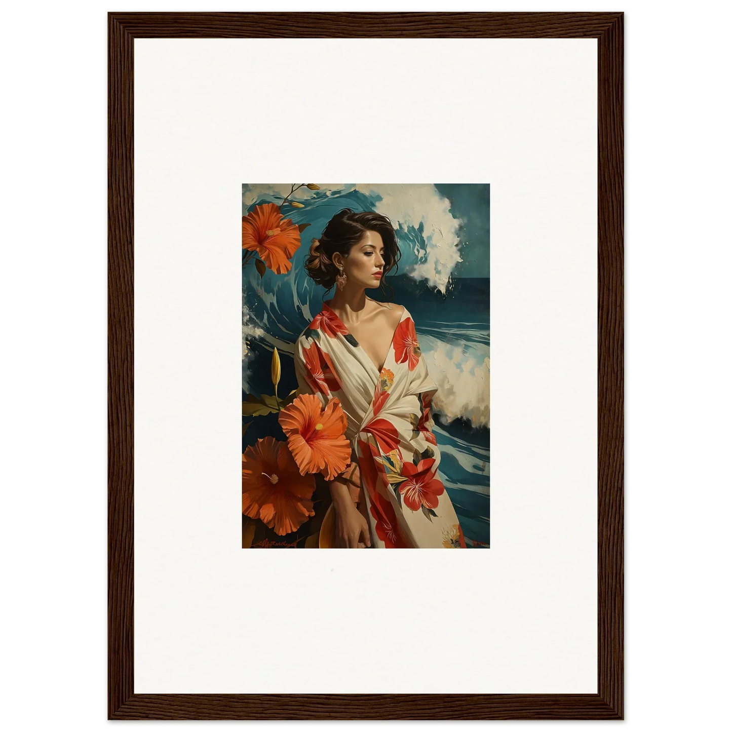 Framed canvas print of a woman in a floral dress for musing cascade room decoration