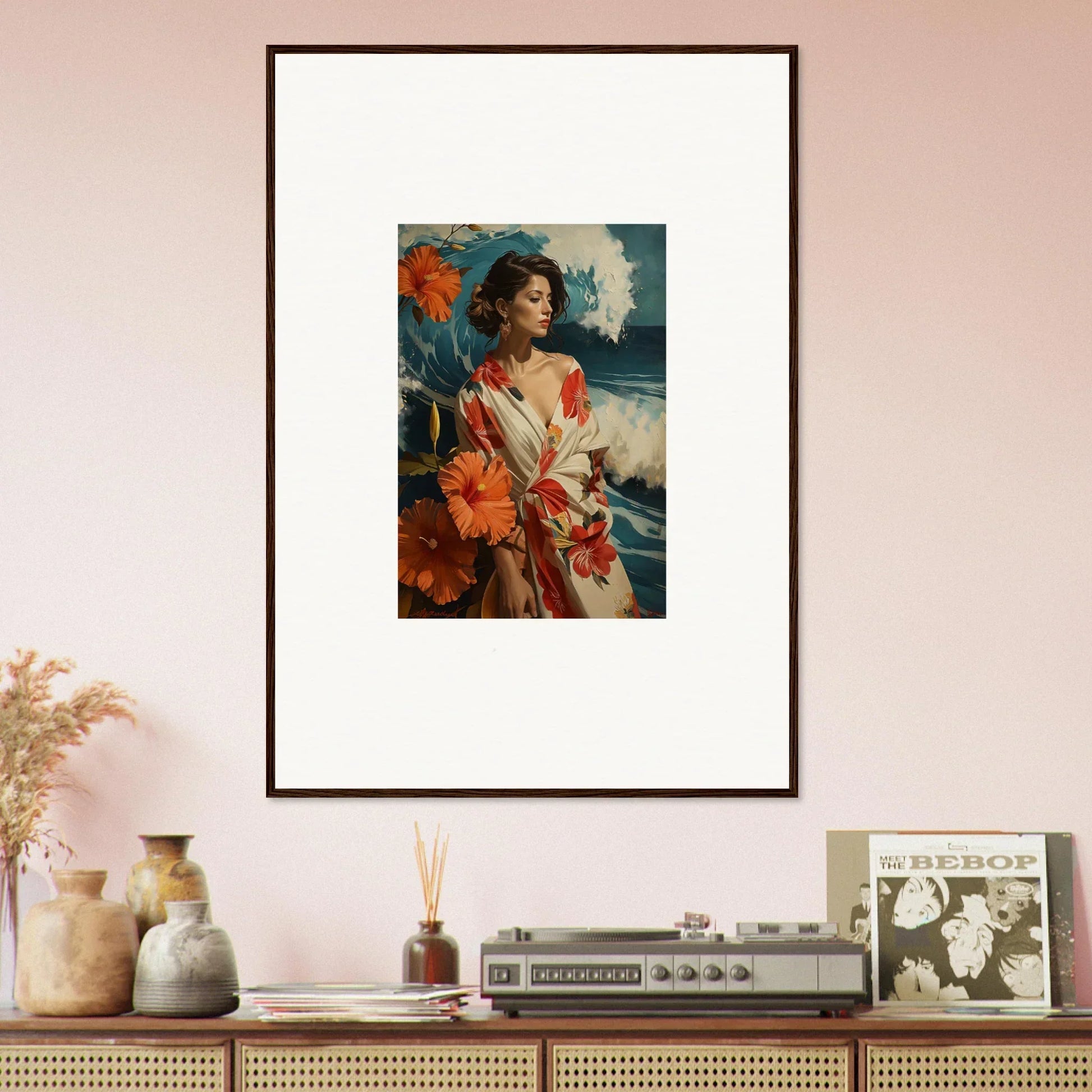 Framed canvas print of a woman with flowers and coastal vibe for room decoration