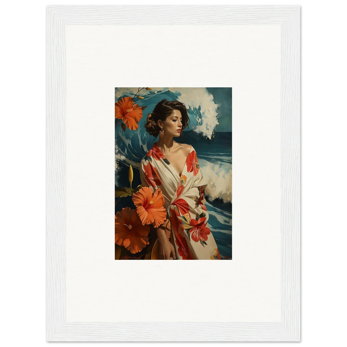 Framed canvas print of a woman in a floral dress by the ocean for room decoration