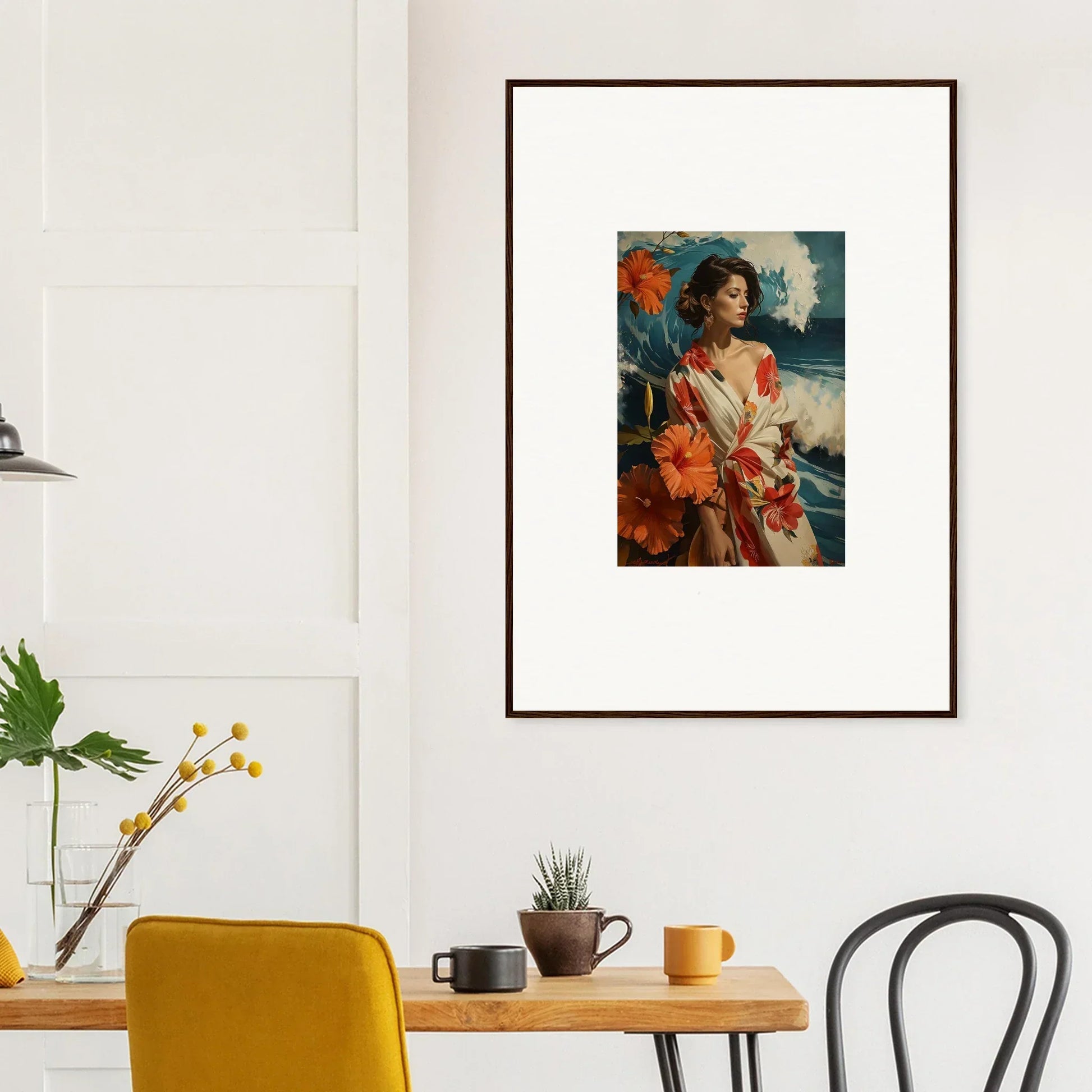 Framed colorful canvas print of a woman for a musing cascade room decoration