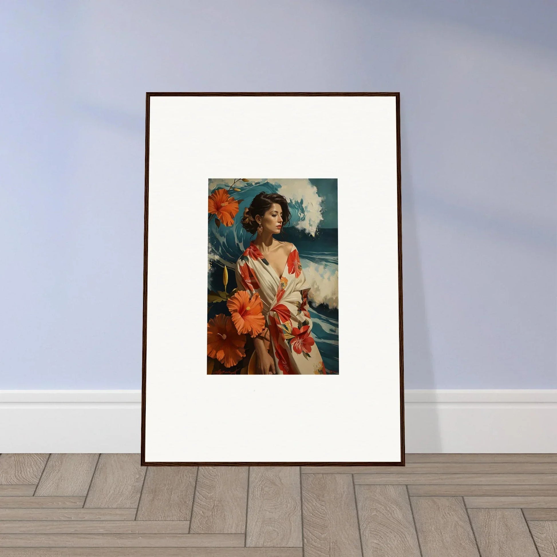 Framed canvas print of a woman in colorful style, perfect for Musing Cascade room decoration