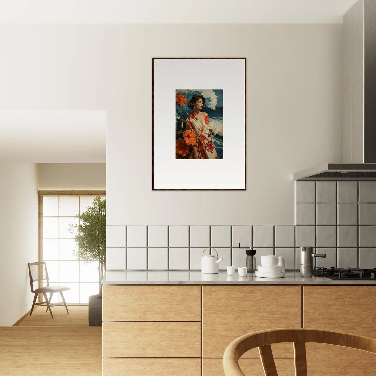 Framed portrait of a woman in vibrant attire for your Musing Cascade room decoration