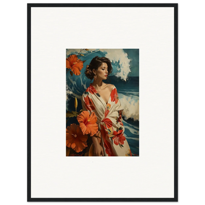 Framed canvas print of a woman in a floral robe, perfect for room decoration and Musing Cascade