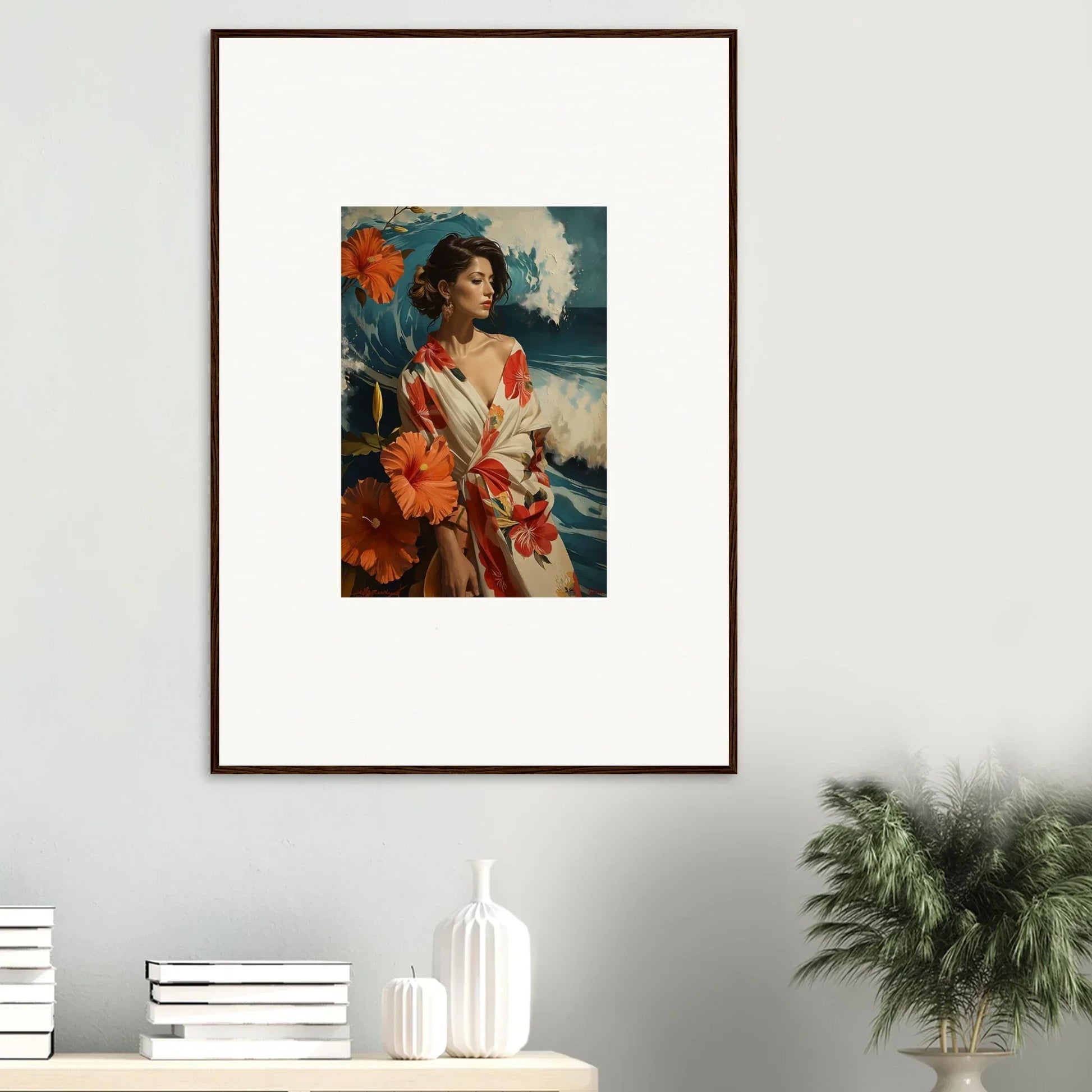 Framed canvas print of a colorful woman with flowers for room decoration, Musing Cascade