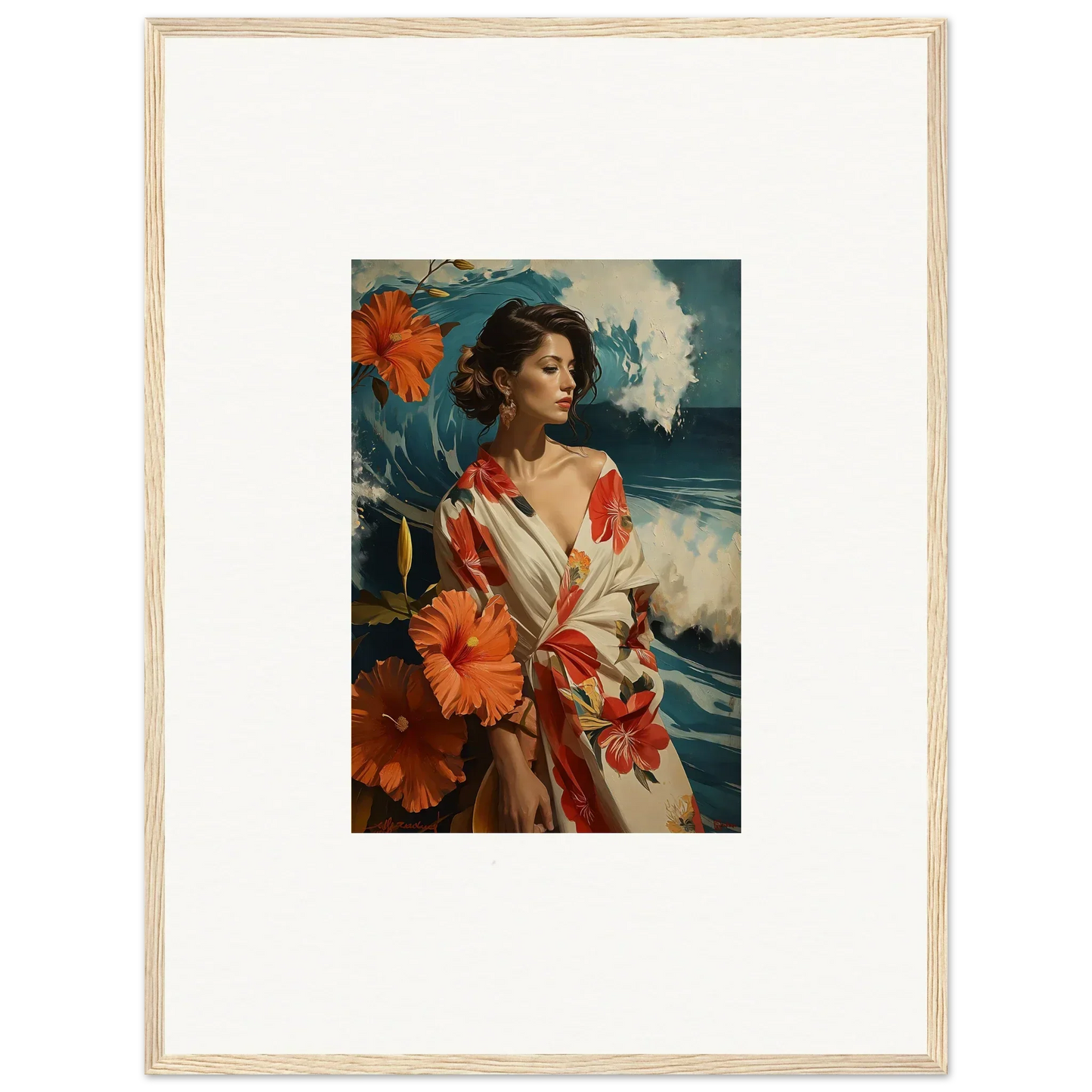 Framed canvas print of a woman in floral robe for a serene room decoration musing cascade